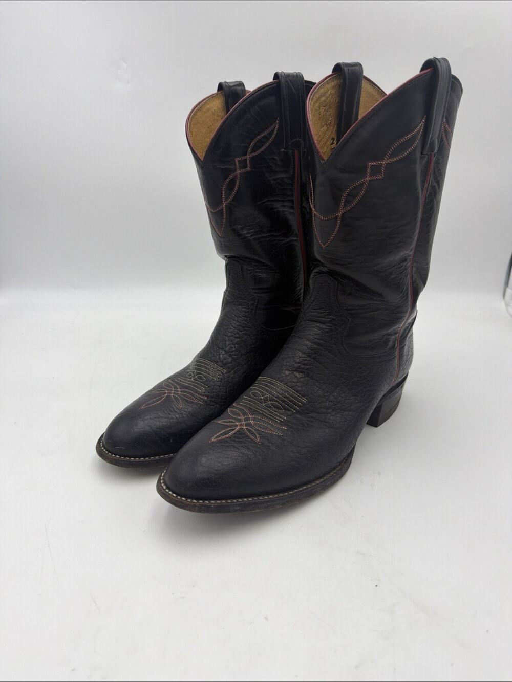 Vintage Tony Lama Boots Mens 11 B Black Red Bullhide Leather Western Cowboy